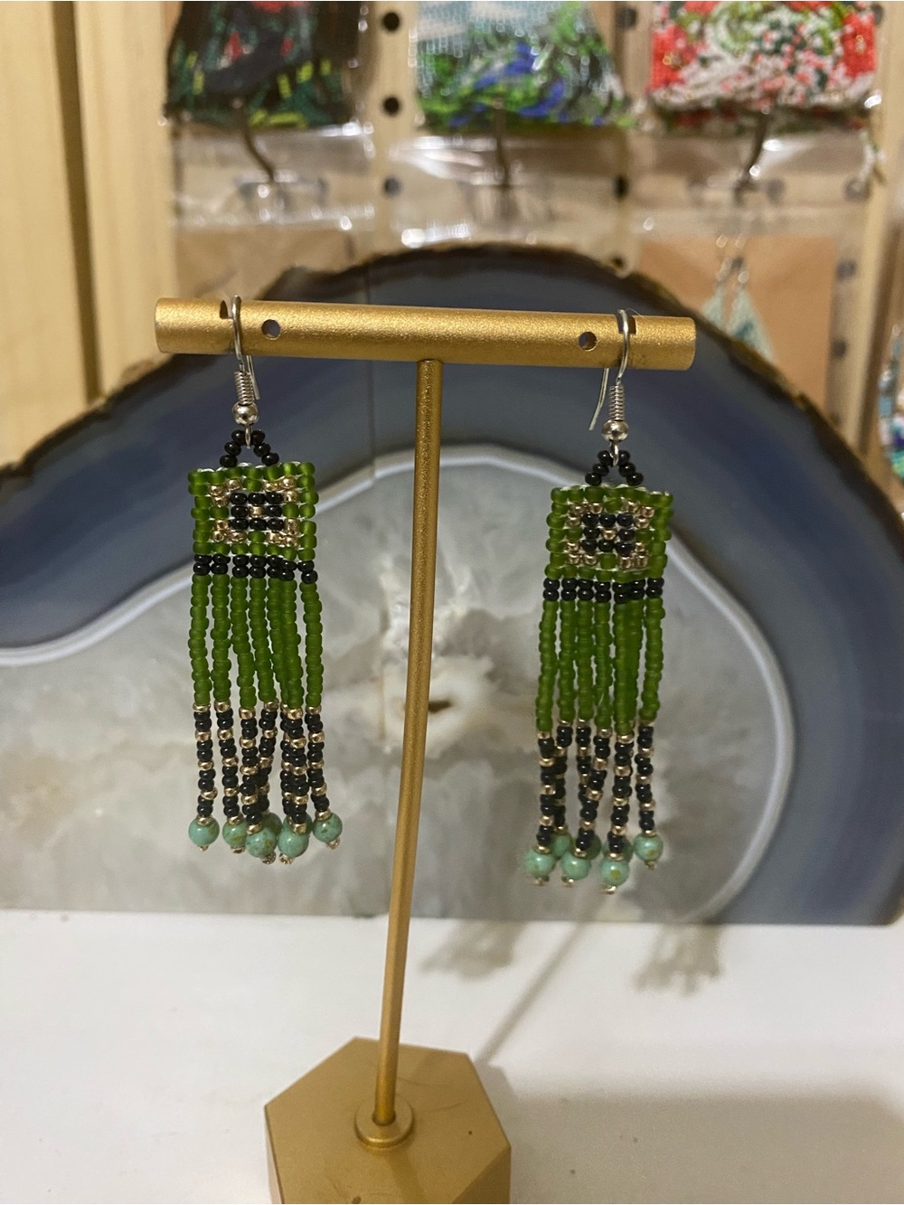 Handmade Green Beaded Fringe Earrings